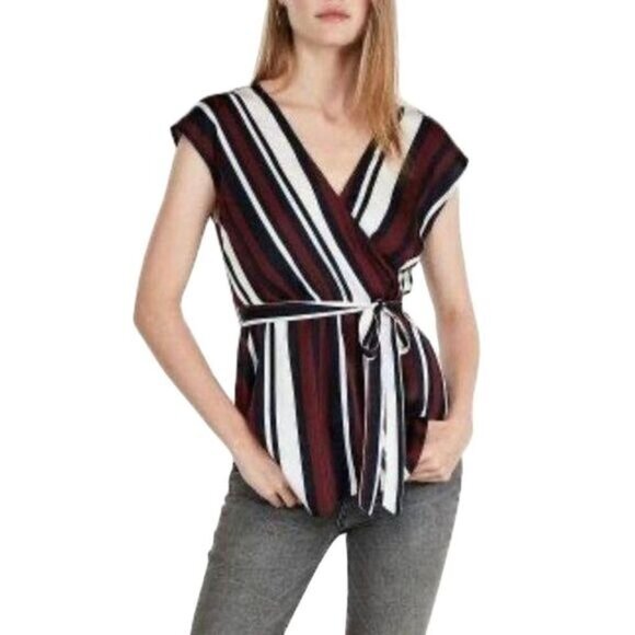 EXPRESS Striped Asymmetrical Hem Surplice Wrap Blouse Medium‎ - Picture 1 of 5